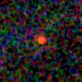 Colour composite: F444W red, F356W green, F277W blue, 3.2 arcsec across, north up