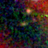 Colour composite: F444W red, F356W green, F277W blue, 3.2 arcsec across, north up