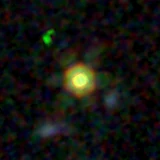 Colour composite: F444W red, F356W green, F277W blue, 3.2 arcsec across, north up