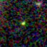 Colour composite: F444W red, F356W green, F277W blue, 3.2 arcsec across, north up