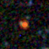 Colour composite: F444W red, F356W green, F277W blue, 3.2 arcsec across, north up