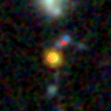 Colour composite: F444W red, F356W green, F277W blue, 3.2 arcsec across, north up