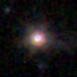 Colour composite: F444W red, F356W green, F277W blue, 3.2 arcsec across, north up