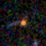 Colour composite: F444W red, F356W green, F277W blue, 3.2 arcsec across, north up