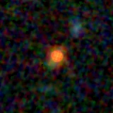 Colour composite: F444W red, F356W green, F277W blue, 3.2 arcsec across, north up