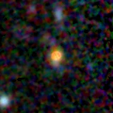 Colour composite: F444W red, F356W green, F277W blue, 3.2 arcsec across, north up