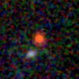 Colour composite: F444W red, F356W green, F277W blue, 3.2 arcsec across, north up