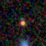 Colour composite: F444W red, F356W green, F277W blue, 3.2 arcsec across, north up