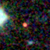 Colour composite: F444W red, F356W green, F277W blue, 3.2 arcsec across, north up