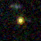 Colour composite: F444W red, F356W green, F277W blue, 3.2 arcsec across, north up