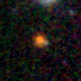 Colour composite: F444W red, F356W green, F277W blue, 3.2 arcsec across, north up