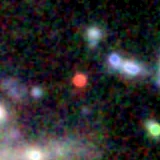 Colour composite: F444W red, F356W green, F277W blue, 3.2 arcsec across, north up