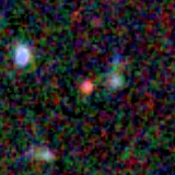 Colour composite: F444W red, F356W green, F277W blue, 3.2 arcsec across, north up