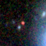 Colour composite: F444W red, F356W green, F277W blue, 3.2 arcsec across, north up