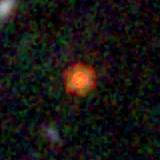 Colour composite: F444W red, F356W green, F277W blue, 3.2 arcsec across, north up