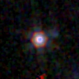 Colour composite: F444W red, F356W green, F277W blue, 3.2 arcsec across, north up