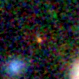 Colour composite: F444W red, F356W green, F277W blue, 3.2 arcsec across, north up
