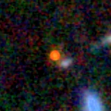 Colour composite: F444W red, F356W green, F277W blue, 3.2 arcsec across, north up