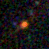 Colour composite: F444W red, F356W green, F277W blue, 3.2 arcsec across, north up