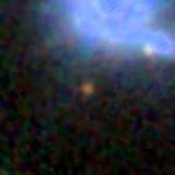 Colour composite: F444W red, F356W green, F277W blue, 3.2 arcsec across, north up