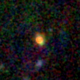 Colour composite: F444W red, F356W green, F277W blue, 3.2 arcsec across, north up