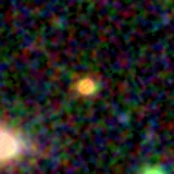 Colour composite: F444W red, F356W green, F277W blue, 3.2 arcsec across, north up