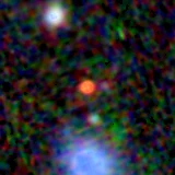 Colour composite: F444W red, F356W green, F277W blue, 3.2 arcsec across, north up