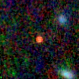 Colour composite: F444W red, F356W green, F277W blue, 3.2 arcsec across, north up