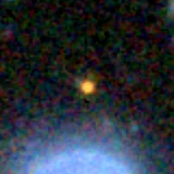 Colour composite: F444W red, F356W green, F277W blue, 3.2 arcsec across, north up