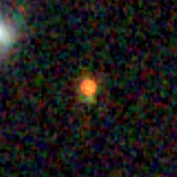 Colour composite: F444W red, F356W green, F277W blue, 3.2 arcsec across, north up