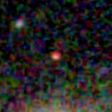 Colour composite: F444W red, F356W green, F277W blue, 3.2 arcsec across, north up