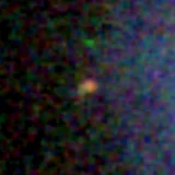 Colour composite: F444W red, F356W green, F277W blue, 3.2 arcsec across, north up