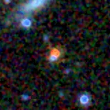 Colour composite: F444W red, F356W green, F277W blue, 3.2 arcsec across, north up