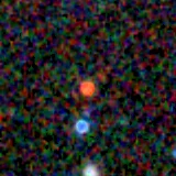 Colour composite: F444W red, F356W green, F277W blue, 3.2 arcsec across, north up