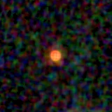 Colour composite: F444W red, F356W green, F277W blue, 3.2 arcsec across, north up