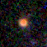 Colour composite: F444W red, F356W green, F277W blue, 3.2 arcsec across, north up