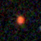 Colour composite: F444W red, F356W green, F277W blue, 3.2 arcsec across, north up
