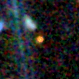 Colour composite: F444W red, F356W green, F277W blue, 3.2 arcsec across, north up