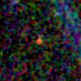 Colour composite: F444W red, F356W green, F277W blue, 3.2 arcsec across, north up