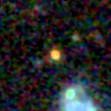 Colour composite: F444W red, F356W green, F277W blue, 3.2 arcsec across, north up