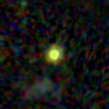 Colour composite: F444W red, F356W green, F277W blue, 3.2 arcsec across, north up