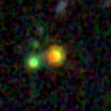 Colour composite: F444W red, F356W green, F277W blue, 3.2 arcsec across, north up