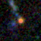 Colour composite: F444W red, F356W green, F277W blue, 3.2 arcsec across, north up