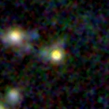 Colour composite: F444W red, F356W green, F277W blue, 3.2 arcsec across, north up