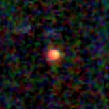 Colour composite: F444W red, F356W green, F277W blue, 3.2 arcsec across, north up