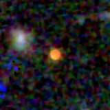 Colour composite: F444W red, F356W green, F277W blue, 3.2 arcsec across, north up