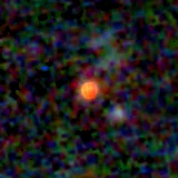 Colour composite: F444W red, F356W green, F277W blue, 3.2 arcsec across, north up