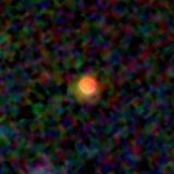 Colour composite: F444W red, F356W green, F277W blue, 3.2 arcsec across, north up