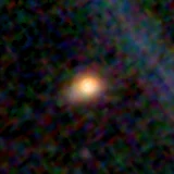 Colour composite: F444W red, F356W green, F277W blue, 3.2 arcsec across, north up