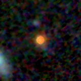 Colour composite: F444W red, F356W green, F277W blue, 3.2 arcsec across, north up